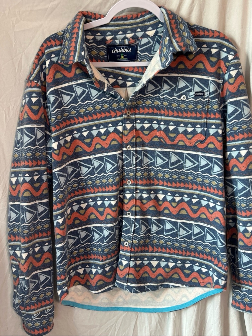 chubbies Geo-Print Fleece Button-Up Jacket in Blue & Rust